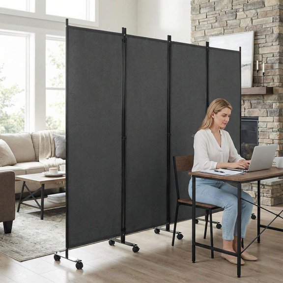 Barara King Privacy Screen Separation, Partition Divider Room Separation,4-Panel Folding Room Divider 6 Feet Rolling Privacy Screen with Lockable Wheels-Gray