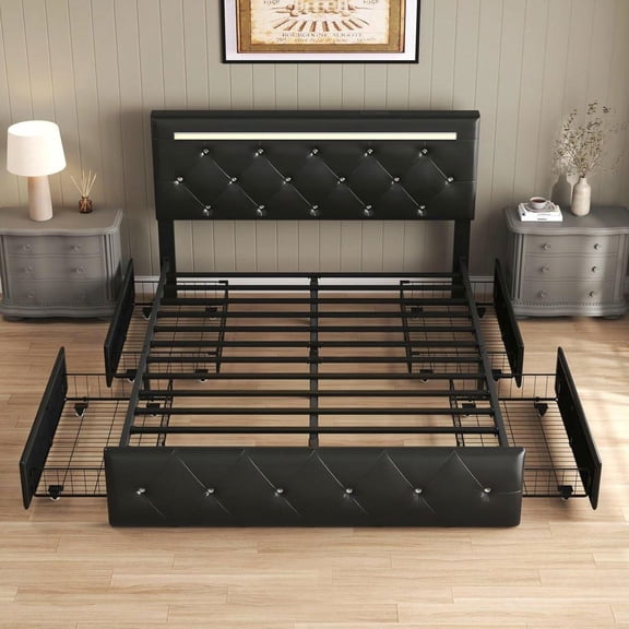 Barara King Queen PU Upholstered Platform Bed with LED Lights, Charging Station, Storage Drawers and Adjustable Crystal Headboard, with Metal Frame, No Box Spring Needed, Black