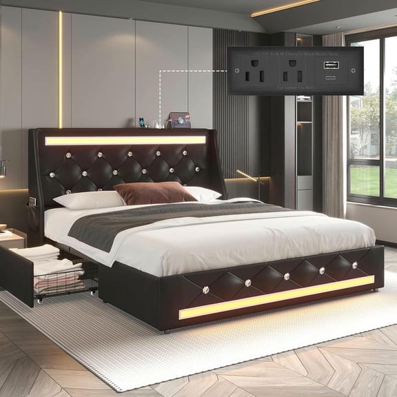 Barara King Queen Size Bed Frame with LED Lights, Charging Station and Diamond Accent Headboard, with Solid Wood Slats, Noise-Free Construction, Easy Assembly for Home Bedroom, Black