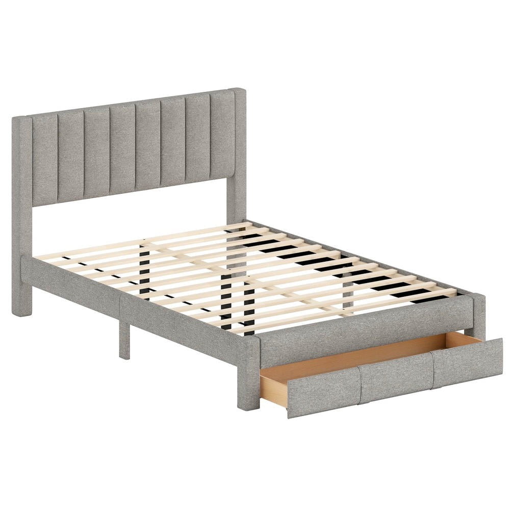 Barara King Queen Size Bedroom Bed Frame with Storage Drawer and Vertical Channel Headboard, Bed Platform Frame for Apartment, Bedroom, Beige