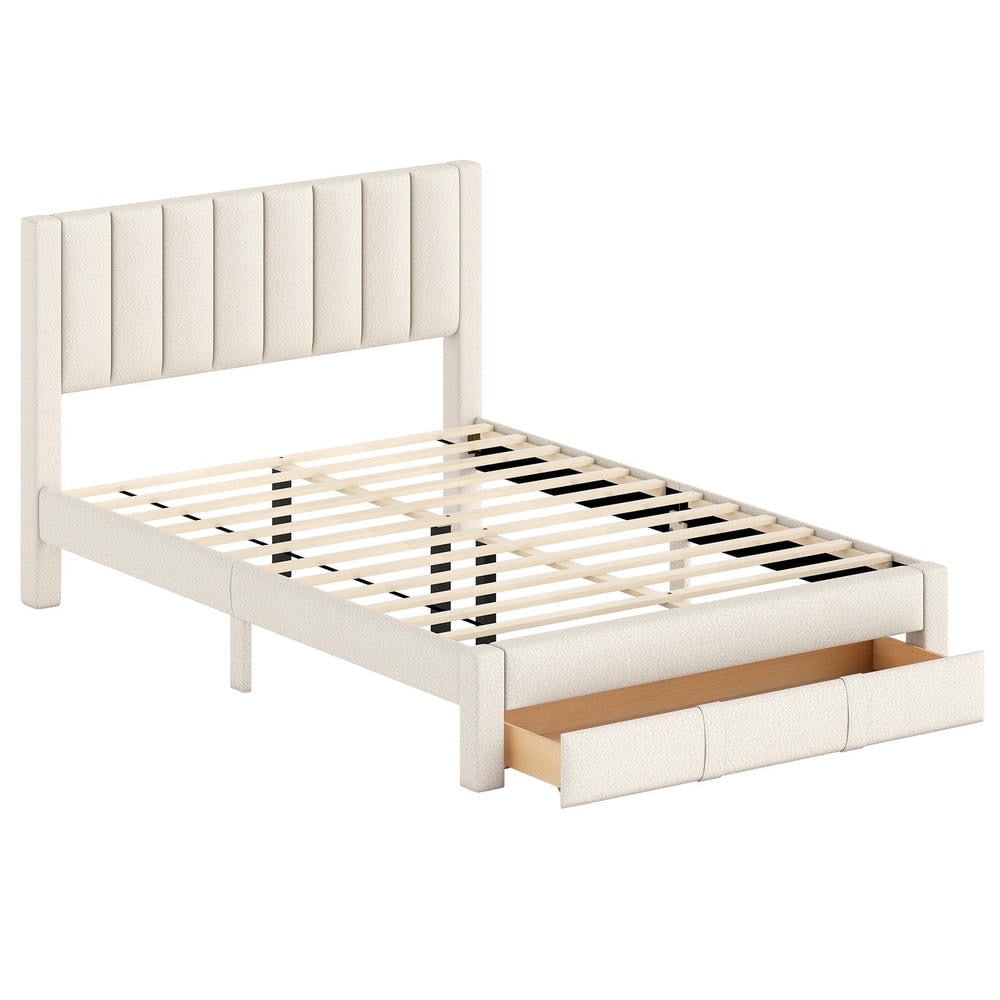 Barara King Queen Size Bedroom Bed Frame with Storage Drawer and Vertical Channel Headboard, Bed Platform Frame for Bedroom, Apartment, Beige
