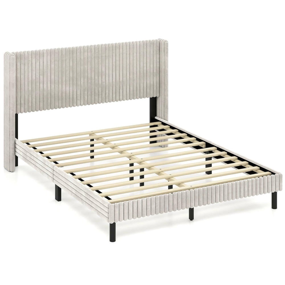 Barara King Queen Size Velvet Bedroom Bed Frame with Vertical Channel Tufted Wingback Headboard, Bed Platform Frame for Apartment, Bedroom, White