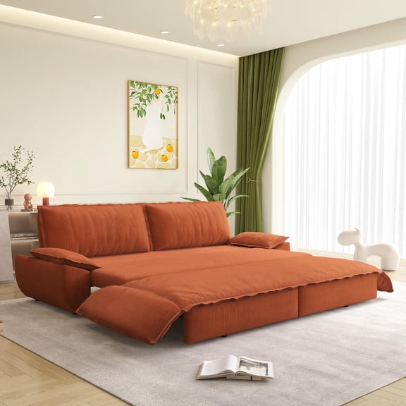 Barara King Queen Sleeper Sofa, Pull Out Convertible Sofa Bed with 3-in-1 Functionality, Durable Corduroy Material and Quick Deployment for Everyday Use, Guest Ready, Orange