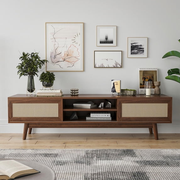 Barara King Boho TV Stand with Cable Management and Storage for 75 Inch TVs, Rattan Media Console Entertainment Center, Walnut