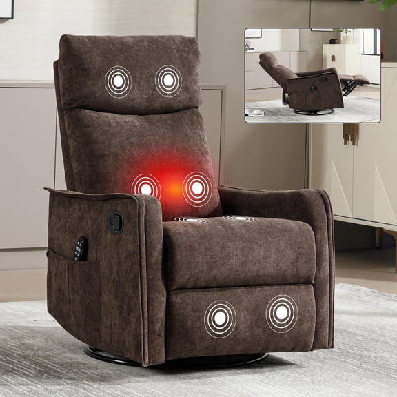 Barara King Reclining Chair Sofa with Rocker and Swivel, Drak Brown Heat Massage Single Recliner with Chenille Fabric for Home Office, Living Room, Bedroom, Drak Brown