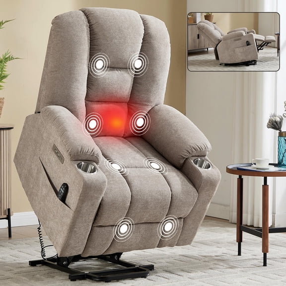 Barara King Reclining Chair Sofa with USB, Type C Ports amd 2 Steel Cup Holders, Single Recliner with Massage and Heat for Elderly, Living Room, Khaki