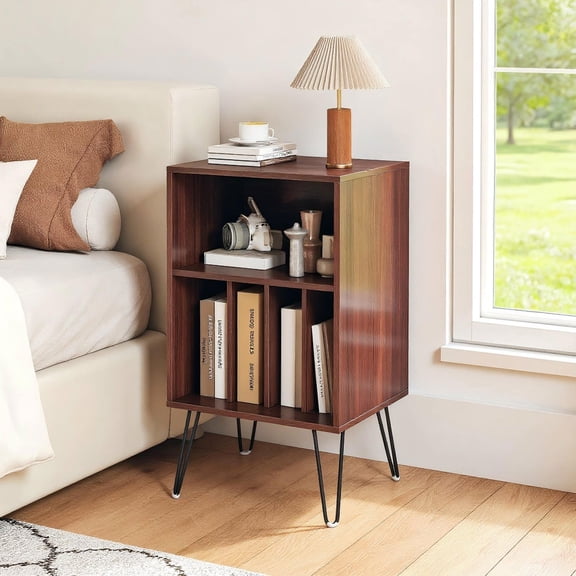 Barara King Record Player Nightstand Sofa Table with Charging Station Turntable Stand, Side End Table with Vinyl Storage for Living Room, Bedroom, Home Office, Walnut