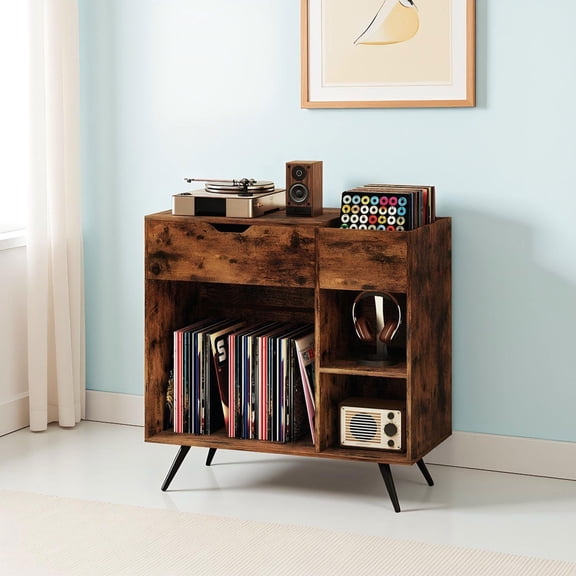 Barara King Record Player Nightstand Sofa Table with Power Outlet, Side End Table for Living Room, Bedroom, Home Office, Rustic Brown
