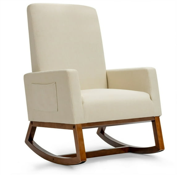 Barara King Rocking Chair Nursery Glider, Comfy Rocker Nursery Chair, Rocking High Back Upholstered Lounge Armchair with Side Pocket-Beige