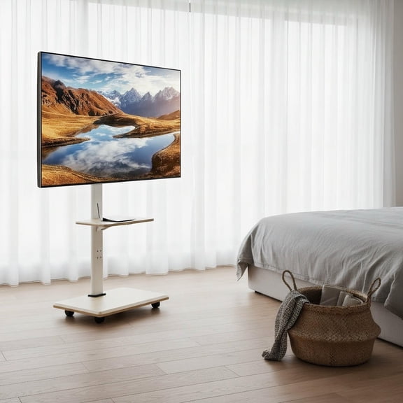 Barara King Rolling TV Stand Mobile TV Cart on Wheels for 32-75 Inch TVs Portable AV Cart for Home Office Living Room Media Furniture, Natural