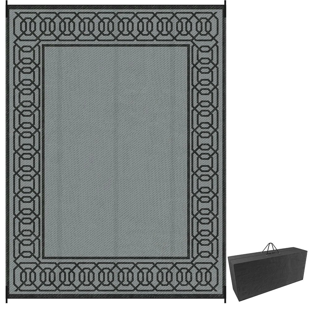 Barara King Rug,Non Slip Rugs,Indoor Door Mat,Reversible Outdoor Rug, 9'x 12' Waterproof Straw Floor Mat, Portable RV Camping Carpet, Black & Gray Border