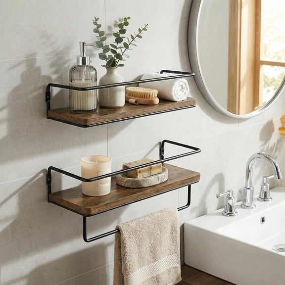 Barara King Rustic Floating Shelves Feature Industrial Matte Black Guardrail & Military-Grade Invisible Brackets, Providing Functional Farmhouse-Style Wall Storage and Display, Brown
