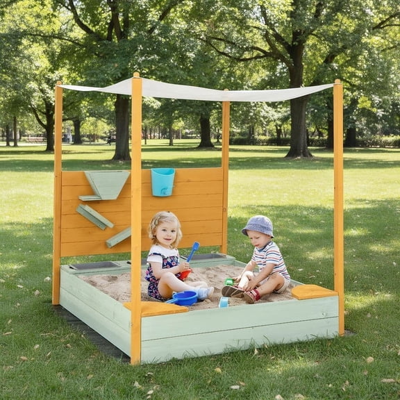 Barara King Sand Pit,Wooden Sandbox, Sand Boxes,Kids Sandbox with Sand Wall w/ Removable Canopy for Kids 3-8 Years Old
