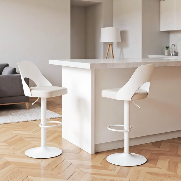 Barara King Set of 2 Barstools with Enlarged PU Leather Seat, Footrest and Modern Construction for Kitchen Counter, Home Bar, Dining Room Seating Solution, White