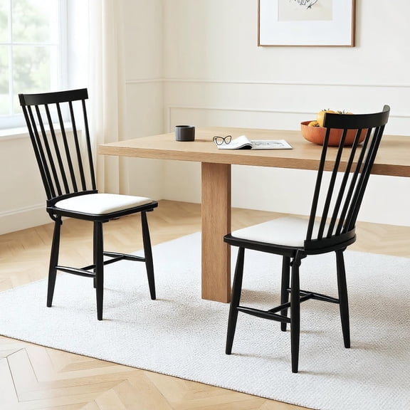 Barara King Set of 2 Windsor Dining Chairs with Solid Rubber Wood Farmhouse Build, Removable Seat Cushions for Dining Table, Kitchen Seating, Black