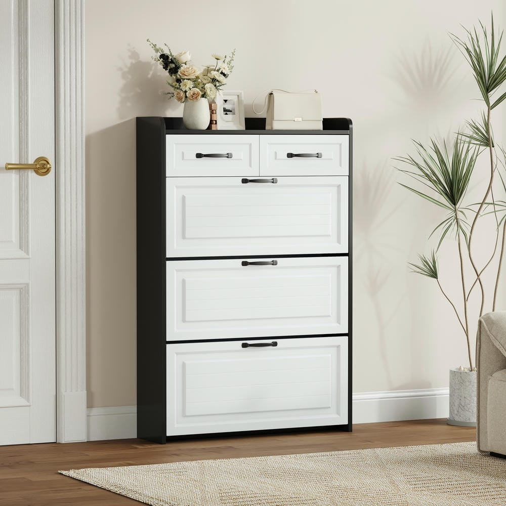 Barara King Shoe Cabinet with 3 Tilt-Out Drawers, Shoe Storage Cabinet with 2 Drawers and Ball Slide Rail for Entryway, Hallway, Living Room, Black+White