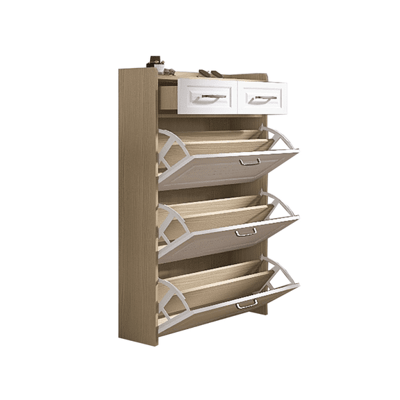 Barara King Shoe Cabinet with 3 Tilt-Out Drawers, Shoe Storage Cabinet with 2 Drawers and Ball Slide Rail for Entryway, Hallway, Living Room, Oak+White