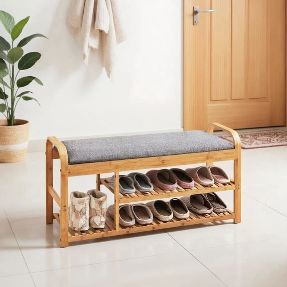 Barara King Shoe Rack, Shoe Organizer, Storage Shoe Shelf, 3-Tier Bamboo Shoe Rack Bench with Cushion-Natural