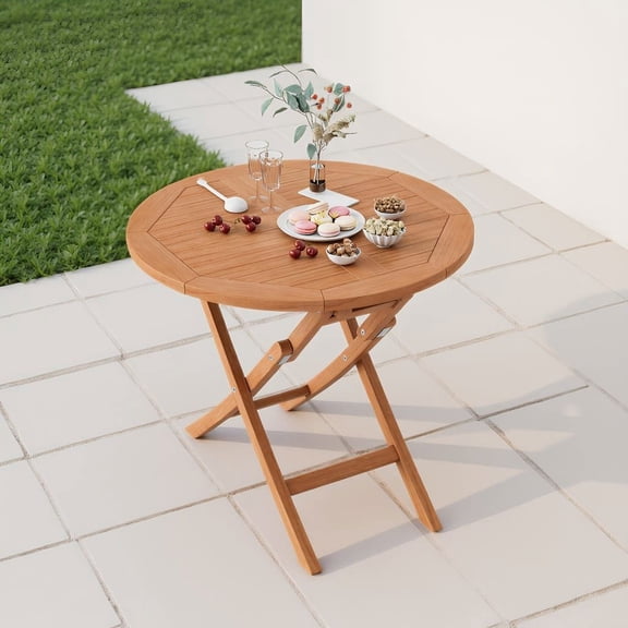 Barara King Side Table, End Table, Patio Coffee Bistro Table, 31.5 Inch Folding Patio Teak Wood Round Coffee Table