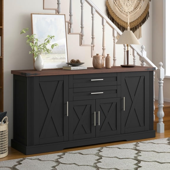 Barara King Sideboard Buffet Cabinet with 2 Drawers & Door Rack, 63" Kitchen Storage Cabinet with Adjustable Shelves for Kitchen, Living Room, Entryway, Dining Room, Black