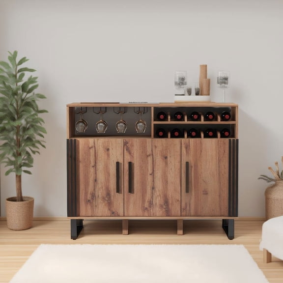 Barara King Sideboard Buffet Cabinet, Hutch Storage Cabinet Buffet,Home Wine Bar Cabinet with 3 Doors and Adjustable Shelves-Brown