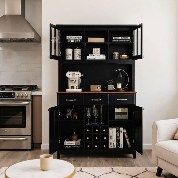 Barara King Sideboard Buffet Cabinet, Kitchen Storage Cabinet,Kitchen Storage Cabinet Cupboard with Wine Rack and Drawers-Black