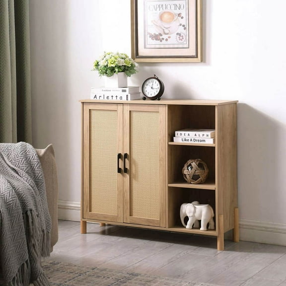 Barara King Sideboard Buffet Cabinet, Kitchen Storage Cabinet, Mid-Century Modern Storage Cabinet with Woven Rattan Doors, Open Shelves & Adjustable Shelves