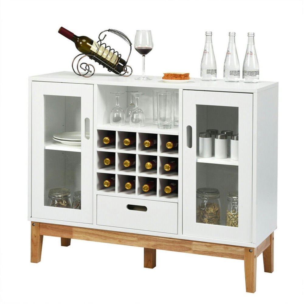 White and Natural Wood Wine Storage Cabinet Sideboard with Glass Doors