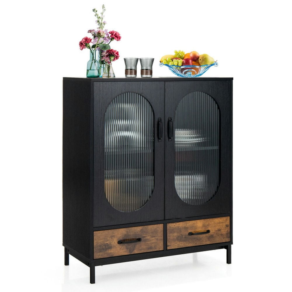 Black and Rustic Brown Industrial Buffet Sideboard with Tempered Glass Doors