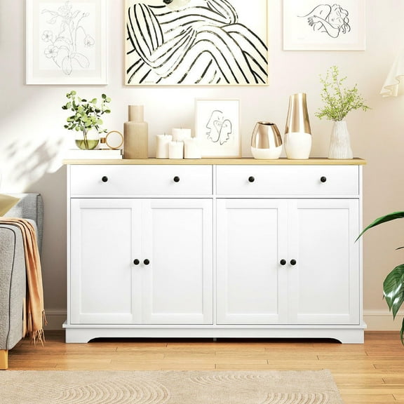Barara King Sideboard Buffet Cabinet with Storage Drawers and Adjustable Shelves, Kitchen Storage Cabinet for Living Room, Dining Room, Entryway, White