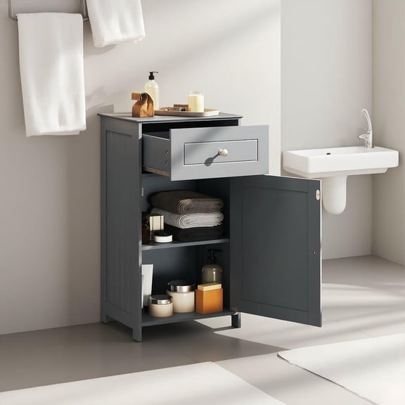 Barara King Single Door Bathroom Cabinet with Drawer and Adjustable Shelf, Compact Floor Storage for Small Spaces, Organizer with Hidden Storage, Gray