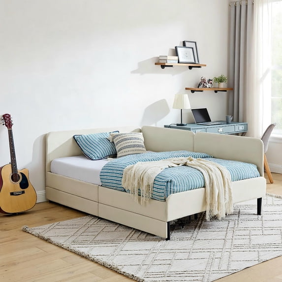 Barara King Sleeper Sofa Bed, Futon Couches Loveseat,Full Size Upholstered Platform Bed Frame with 2 Storage Drawers, Beige