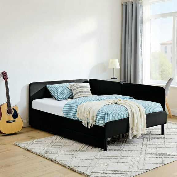 Barara King Sleeper Sofa Bed, Futon Couches Loveseat,Full Size Upholstered Platform Bed Frame with 2 Storage Drawers, Beige