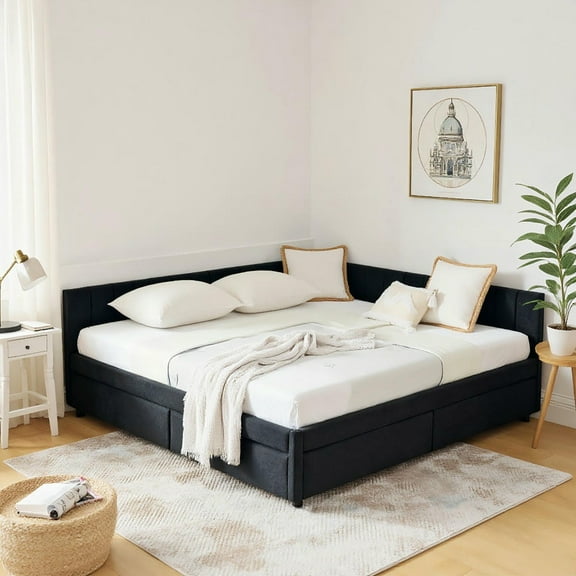 Barara King Sleeper Sofa Bed, Futon Couches Loveseat,Full Size Upholstered Tufted Bed Frame with 2 Drawers, Black