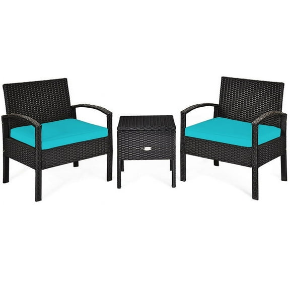 Barara King Sofa Couch Conversation Sets, Outdoor Bistro Set, 3 Piece Patio Conversation Set Wicker Rattan Furniture Outdoor Sofa with Cushions and Glass Table for Porch,Lawn and Yard(Turquoise)