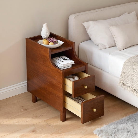 Barara King Solid Wood Side Table Narrow Nightstand with Pull-out Tray 2 Storage Drawers for Bedroom Living Room Sofa Side Storage Furniture, Brown
