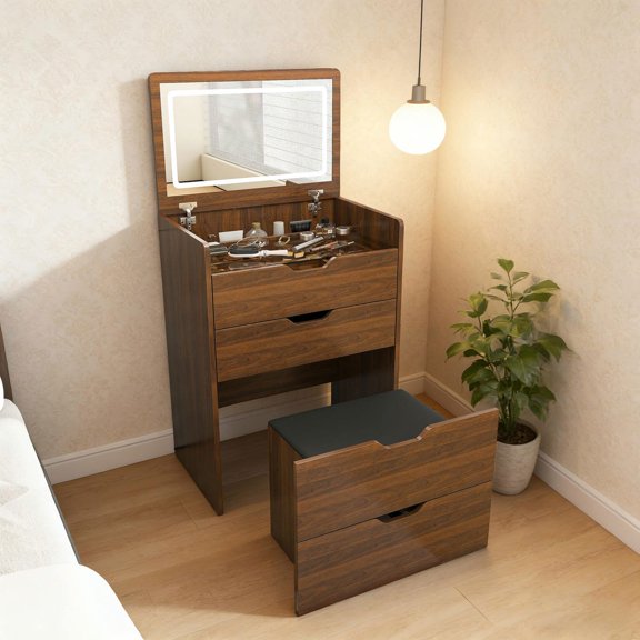 Barara King Space-Saving Vanity Desk with Stool, 3-in-1 Flip-Top Dressing Table with Lighted Mirror for Bedroom, Bathroom, or Dressing Room, 23.62"L, Walnut