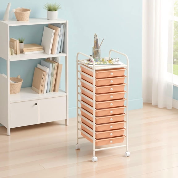 Barara King Storage Cart, Organization Storage Cart,10 Drawer Rolling Storage Cart Organizer with 4 Universal Casters-Cherry