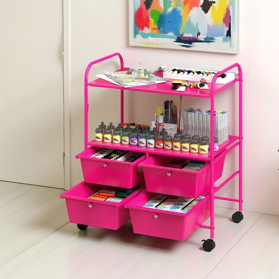 Barara King Storage Cart, Organization Storage Cart,4 Drawers Shelves Rolling Storage Cart Rack-Hot Pink