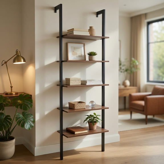 Barara King Storage Rack, Plant Stand Shelf, Bookshelf, 5-Tier Wood Look Ladder Shelf with Metal Frame for Home-Black