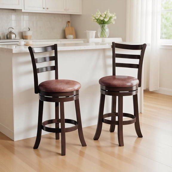 Barara King Swivel Barstools Set with Faux Leather Seat and Wrap-around Footrest, 24 Inch Counter Height for Bar, Kitchen with Sturdy Build, Brown