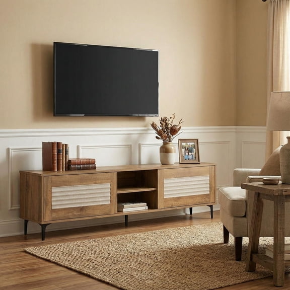 Barara King TV Stand for TVs up to 70 Inch Waveform Fluted Entertainment Center Media Console for Living Room Bedroom Home Furniture, Oak