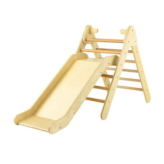 Barara King Toddler Slide, Indoor Kids Slide Playset 2-in-1 Wooden Triangle Climber Set with Gradient Adjustable Slide-Natural