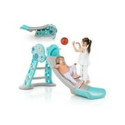 Barara King Toddler Slide, Indoor Kids Slide Playset 3-in-1 Folding Slide Playset with Basketball Hoop and Small Basketball-Blue