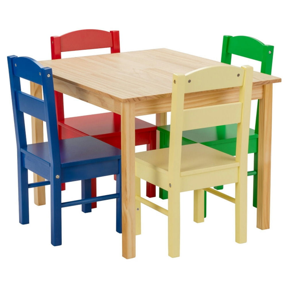 Barara King Toddler Table Chairs Set,Kids Play Table Set,5 pcs Kids Pine Wood Multicolor Table Chair Set