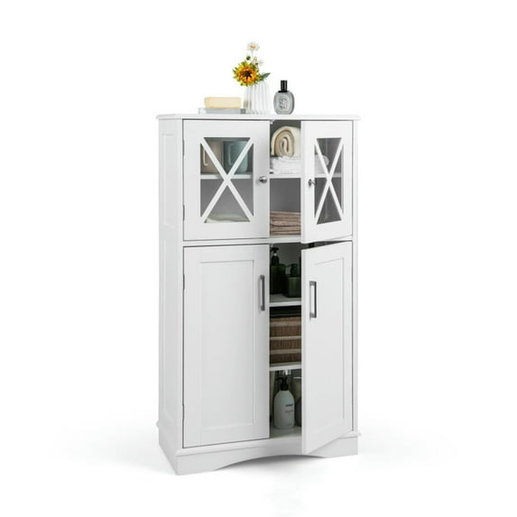 Barara King Toilet Storage Cabinet,Bathroom Floor Storage Cabinet, 4 Doors Freeestanding Bathroom Floor Cabinet with Adjustable Shelves-White