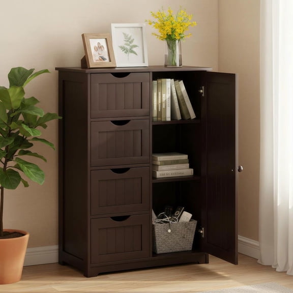 Barara King Toilet Storage Cabinet,Bathroom Floor Storage Cabinet, Standing Indoor Wooden Cabinet with 4 Drawers-Brown