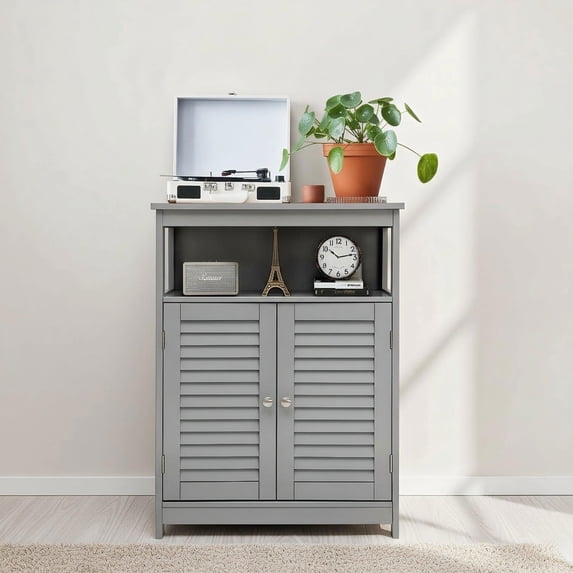Barara King Toilet Storage Cabinet,Bathroom Floor Storage Cabinet, Wood Freestanding Bathroom Storage Cabinet with Double Shutter Door-Gray