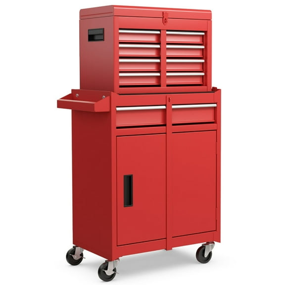 Barara King Tool Rolling Cabinet Toolbox Organizer Chest,2-in-1 Tool Chest and Cabinet with 5 Sliding Drawers-Red