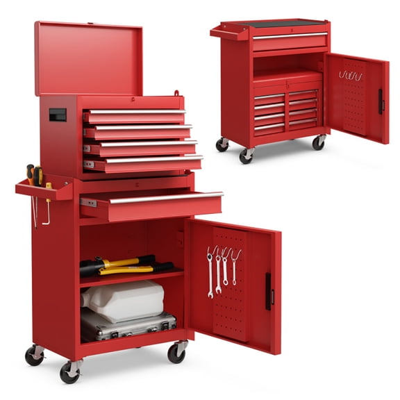 Barara King Tool Rolling Cabinet Toolbox Organizer Chest,2-in-1 Tool Chest and Cabinet with 5 Sliding Drawers-Red